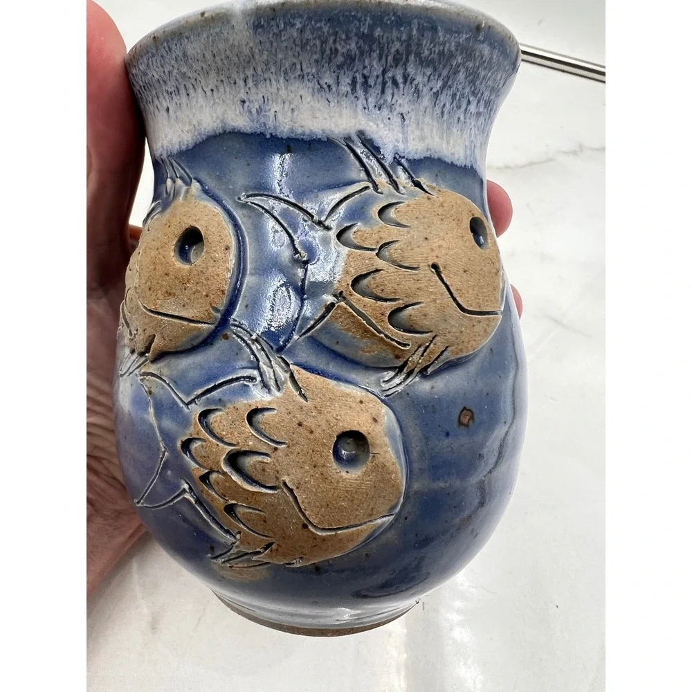 Studio Pottery Fish Canister Blue Glazed Stoneware Nautical Jar with Lid